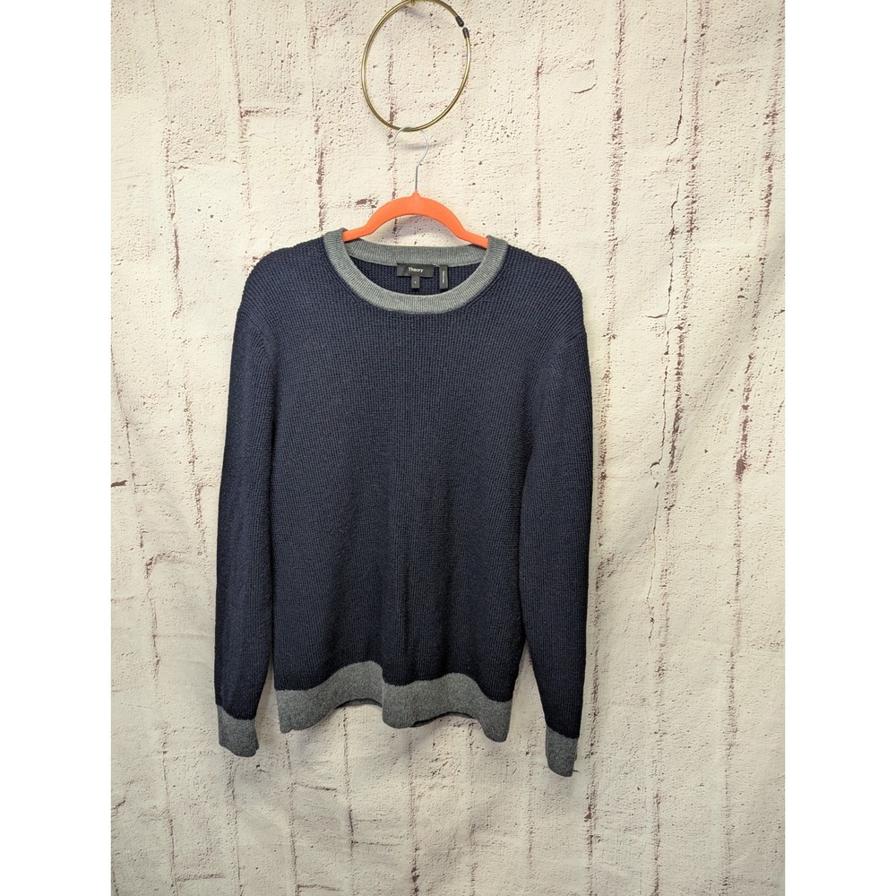 Theory Mens Sweater Merino Wool Navy Blue Crew Neck Long‎ Sleeve L Large